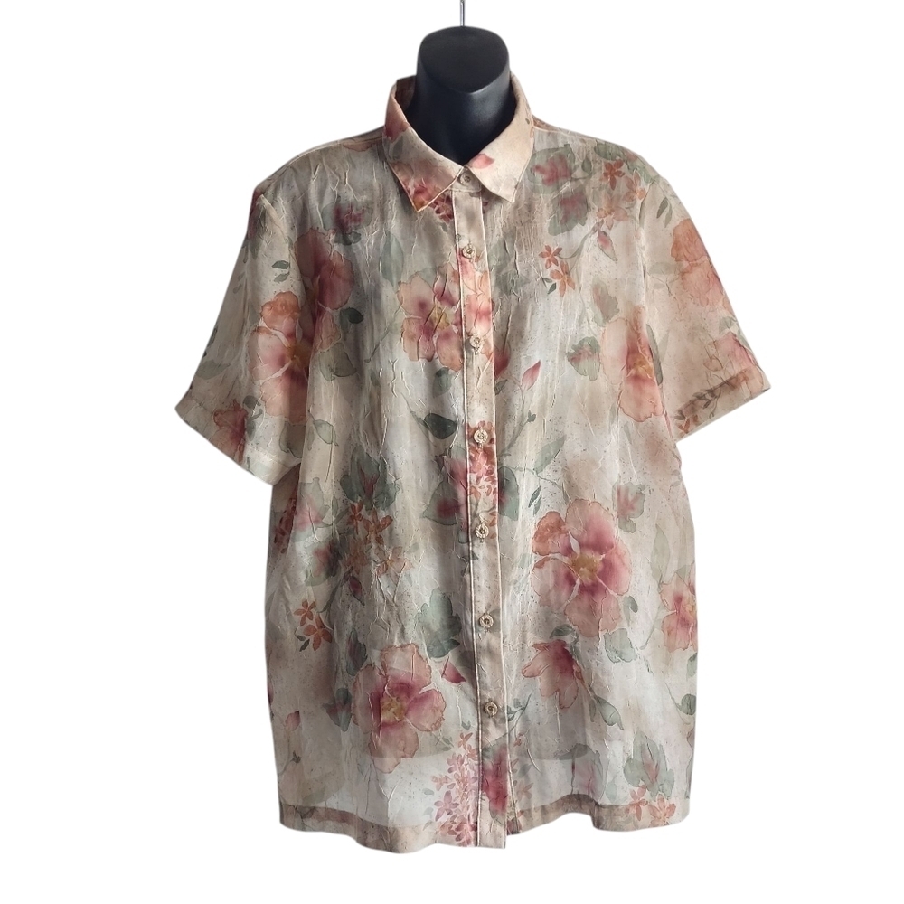 Alfred Dunner Blouse Women's Multicolor Floral Print Shortsleeve Button Up Sz 16